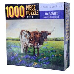 AmericanFlat Jigsaw Puzzle My Flowers Cow Farm 1000 Pc New Sealed NIB 18 x 24 in